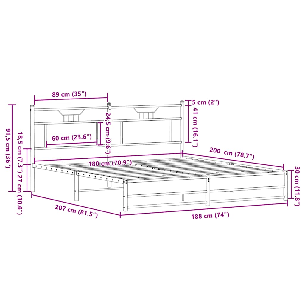 vidaXL Metal Bed Frame without Mattress Sonoma Oak 180x200 cm