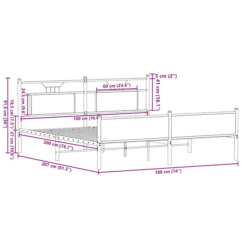 vidaXL Metal Bed Frame without Mattress Sonoma Oak 180x200 cm