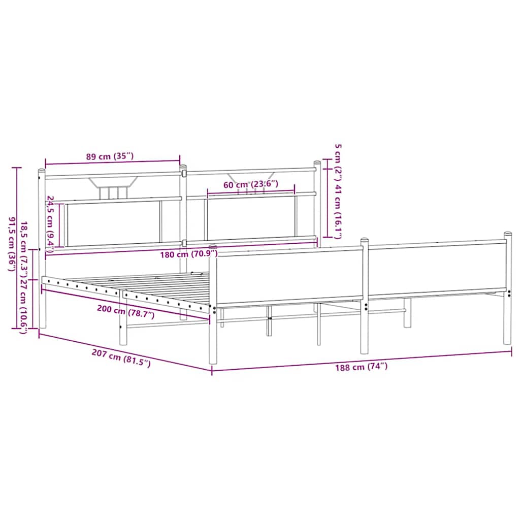 vidaXL Metal Bed Frame without Mattress Brown Oak 180x200 cm