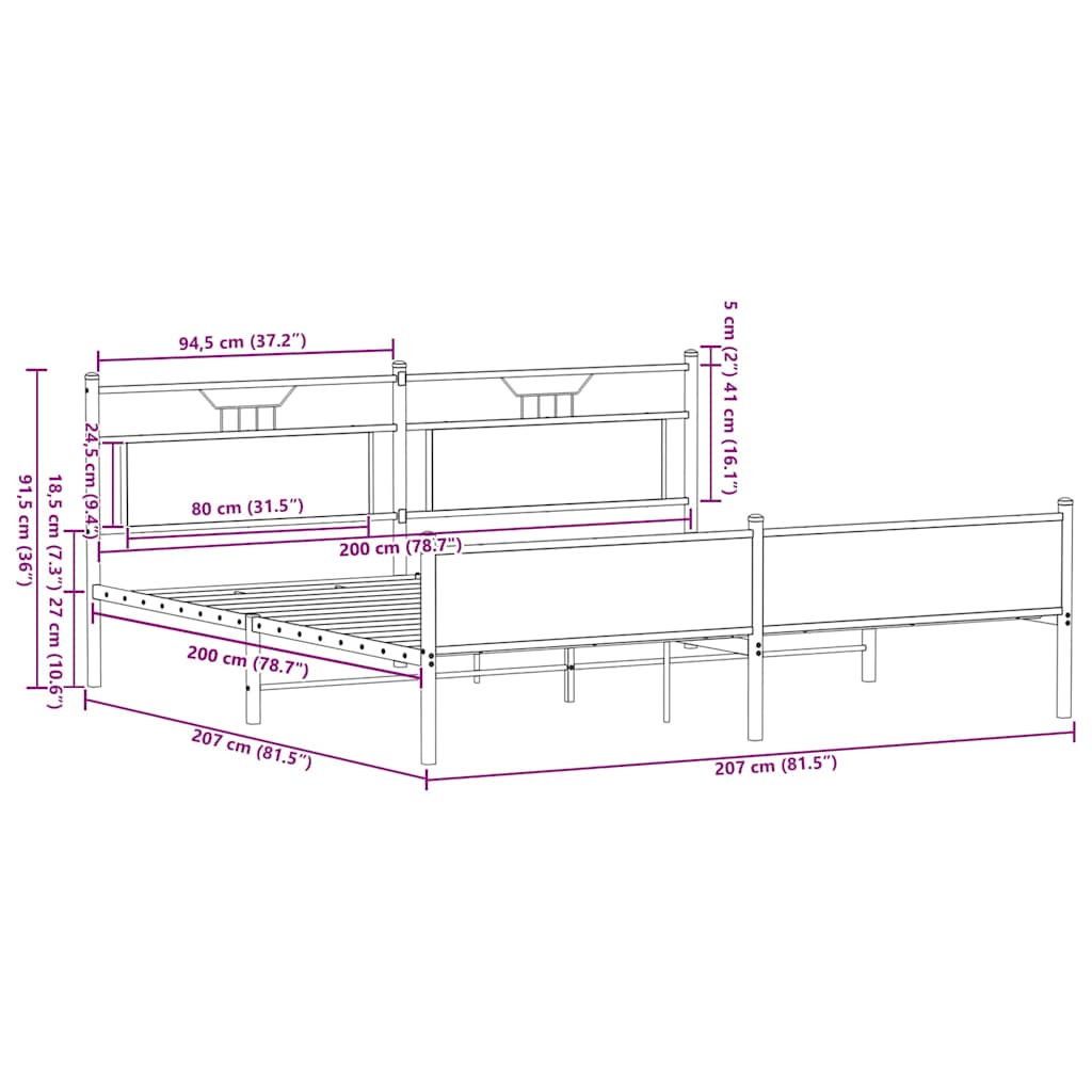 vidaXL Metal Bed Frame without Mattress Brown Oak 200x200 cm