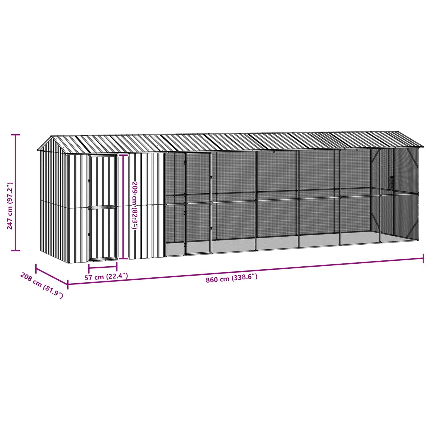 vidaXL Bird Cage Anthracite 860 x 208 x 247 cm Galvanised Steel