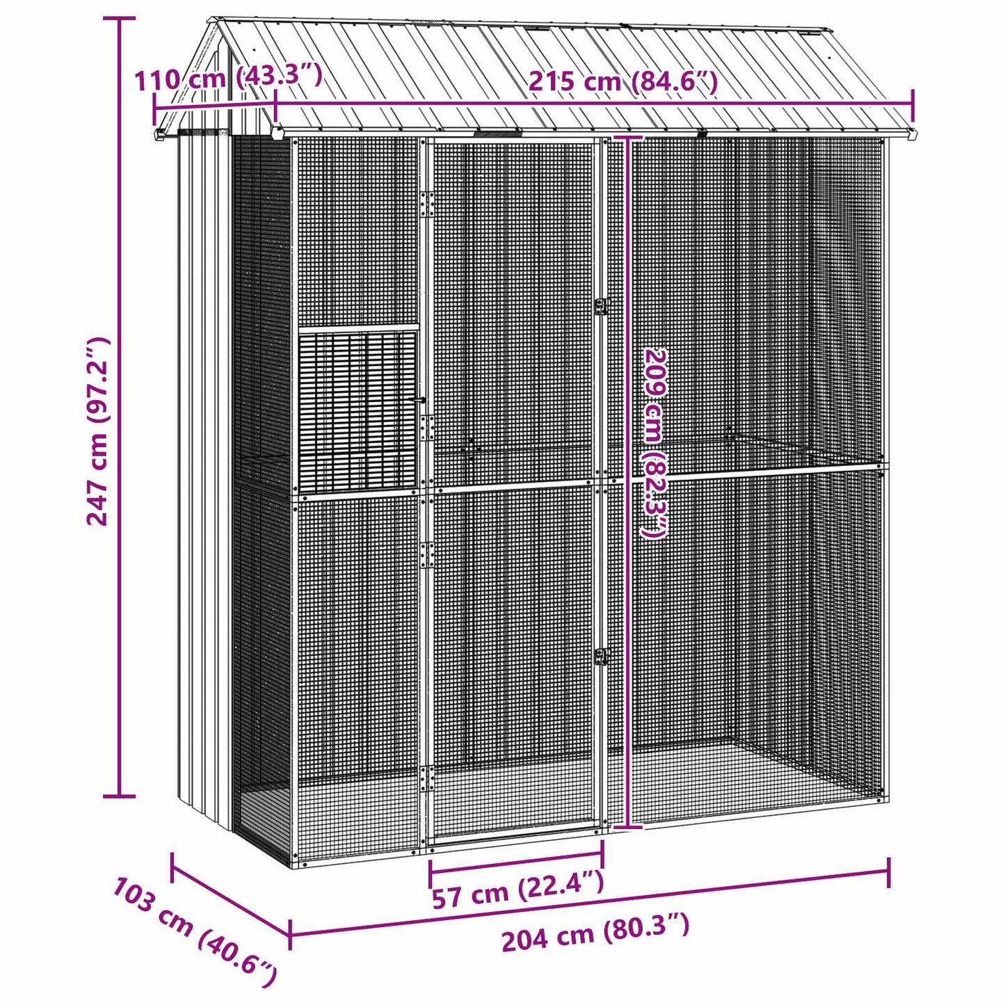 vidaXL Bird Cage with Storage Grey 215 x 110 x 247 cm Galvanised Steel