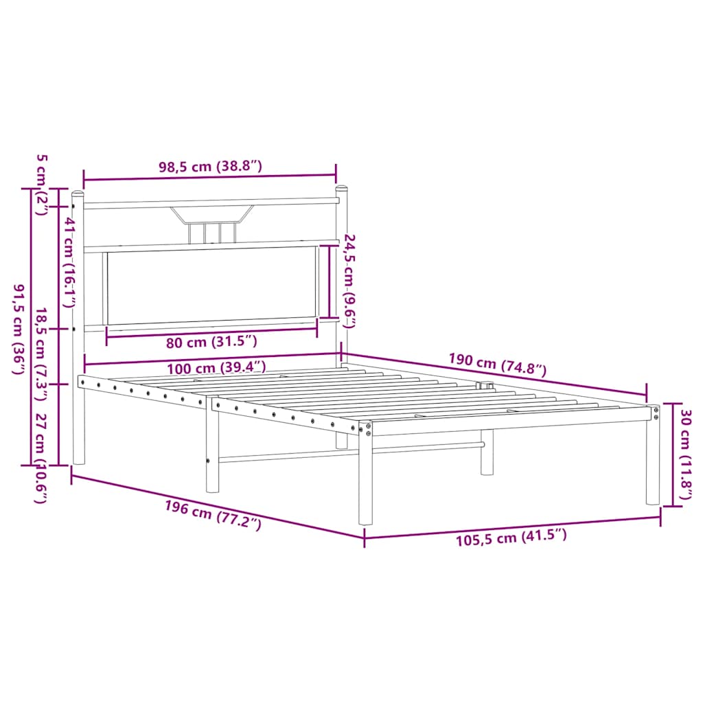 vidaXL Bed Frame without Mattress Smoked Oak 100x190 cm Engineered Wood