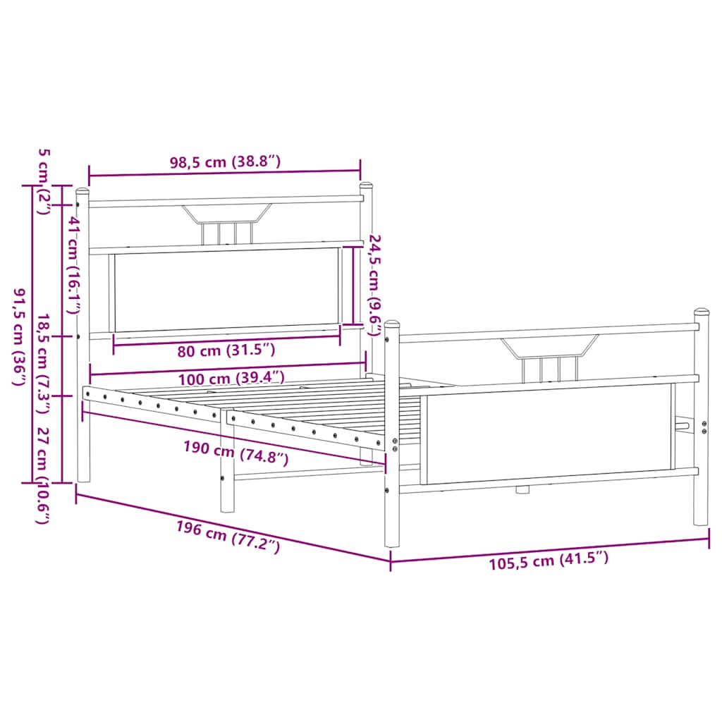 vidaXL Bed Frame without Mattress Smoked Oak 100x190 cm Engineered Wood