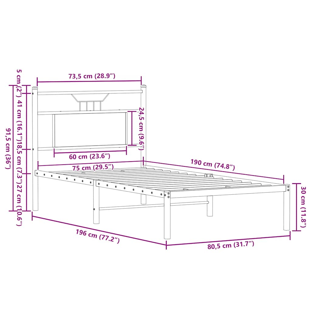 vidaXL Bed Frame without Mattress Sonoma Oak 75x190 cm Small Single Engineered Wood