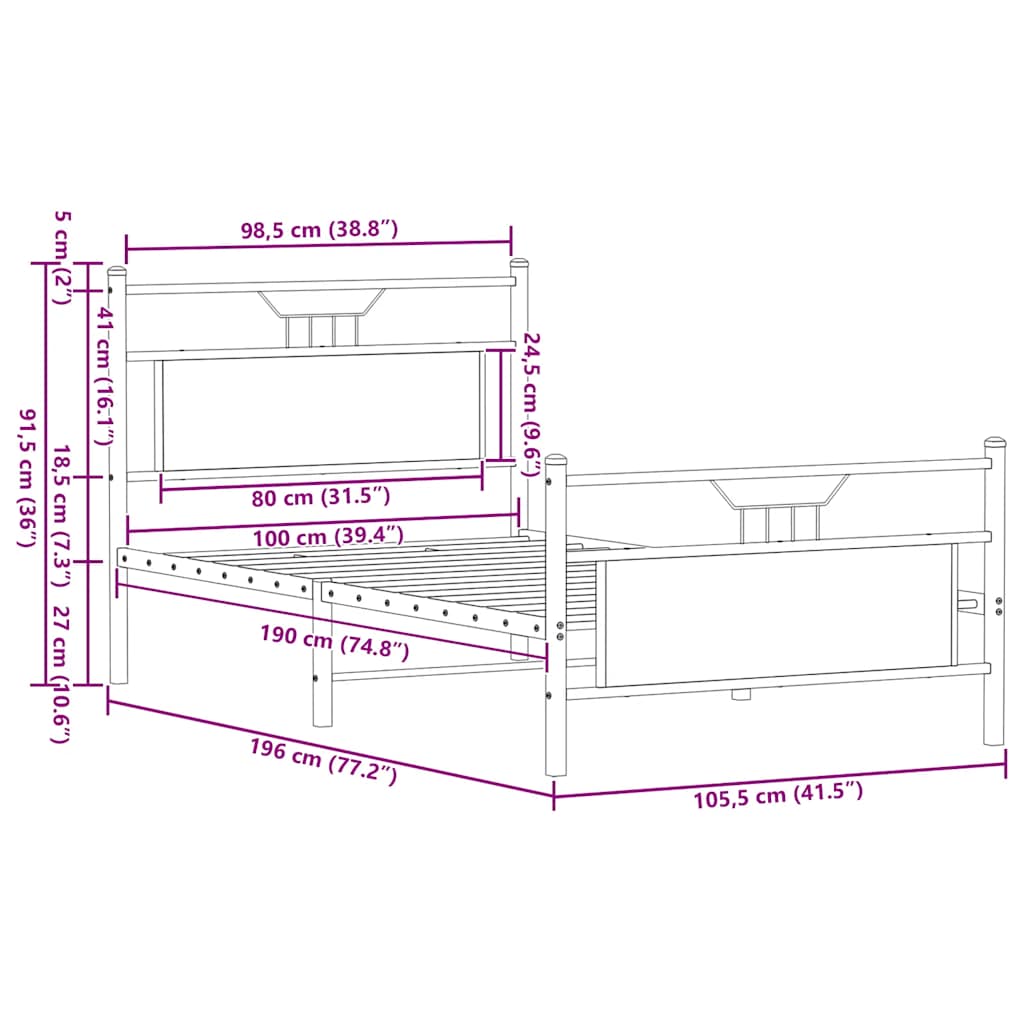 vidaXL Bed Frame without Mattress Brown Oak 100x190 cm Engineered Wood