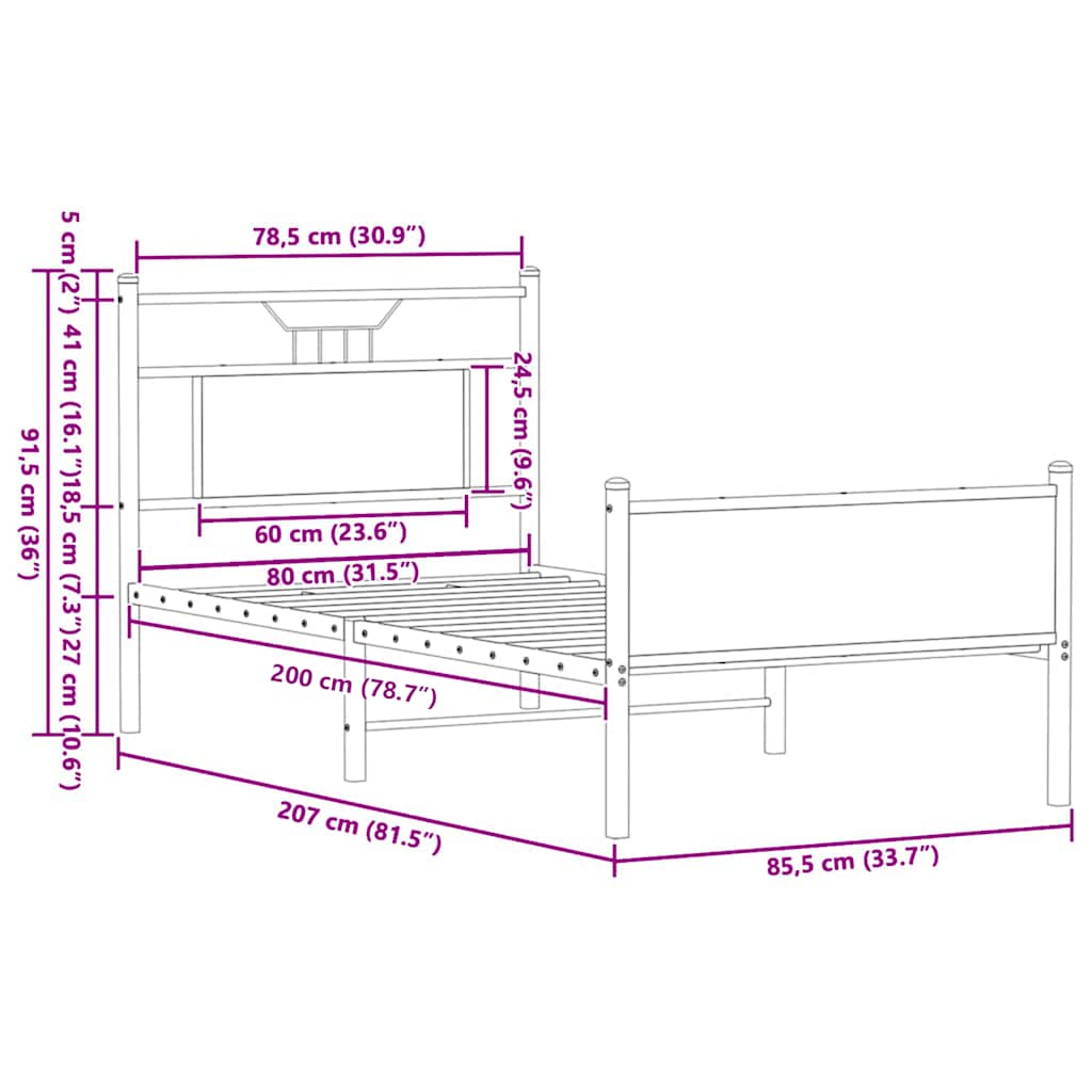 vidaXL Bed Frame without Mattress Smoked Oak 80x200 cm Engineered Wood
