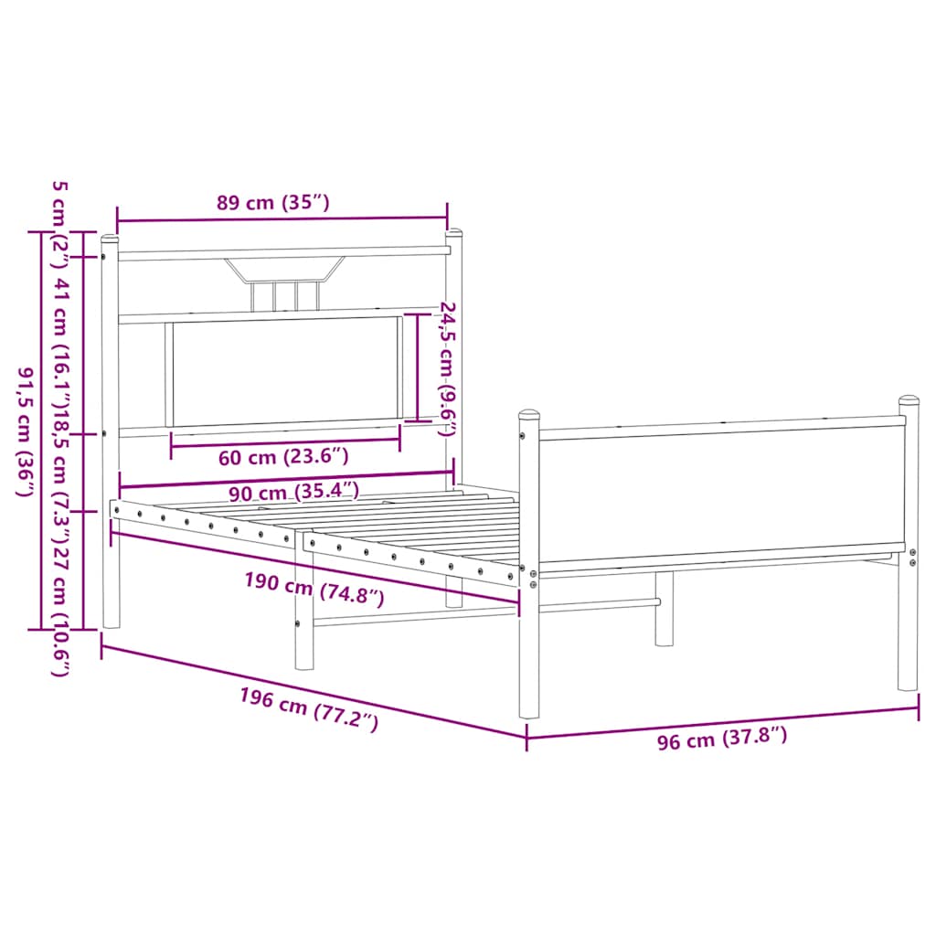 vidaXL Bed Frame without Mattress Sonoma Oak 90x190 cm Single Engineered Wood