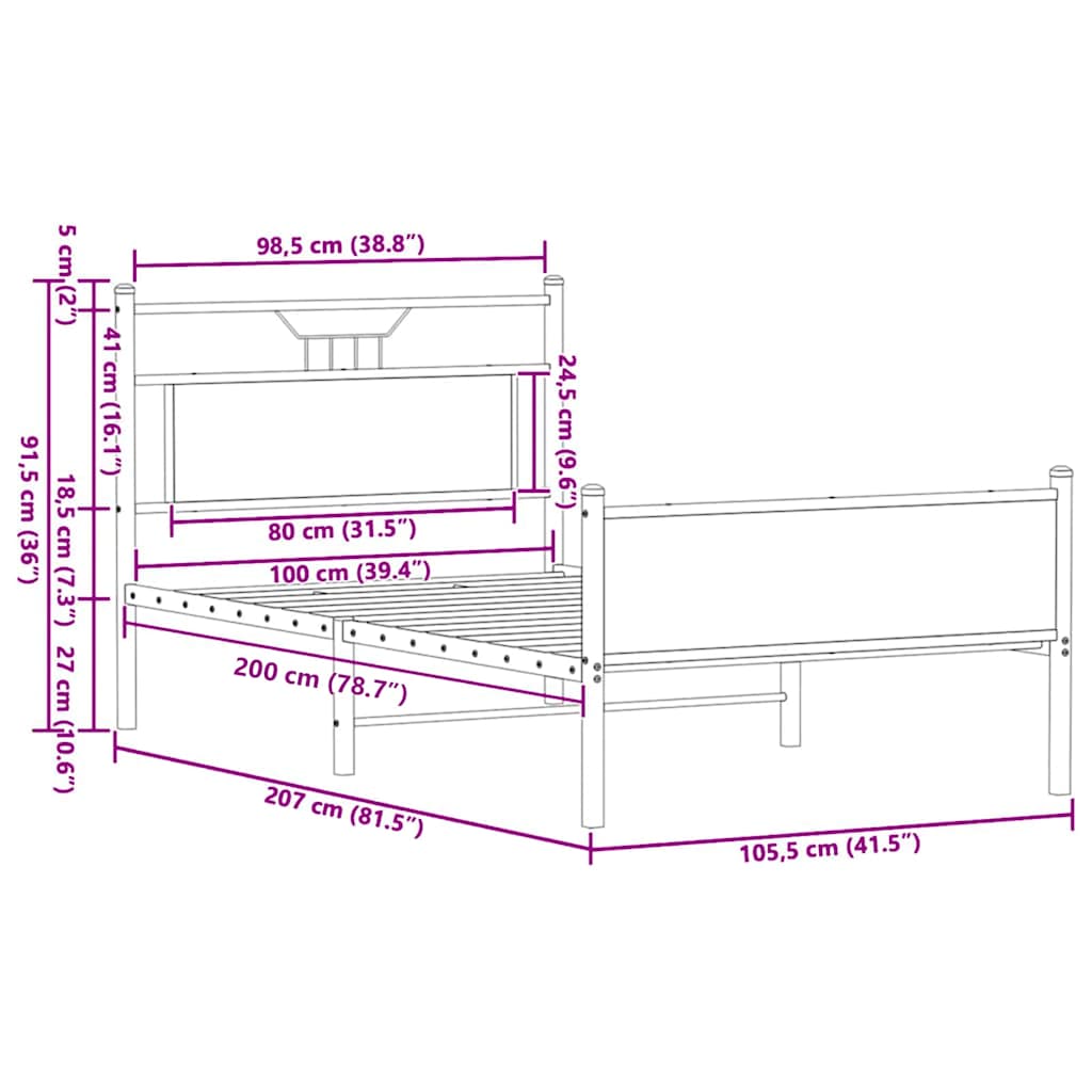vidaXL Bed Frame without Mattress Sonoma Oak 100x200cm Engineered Wood