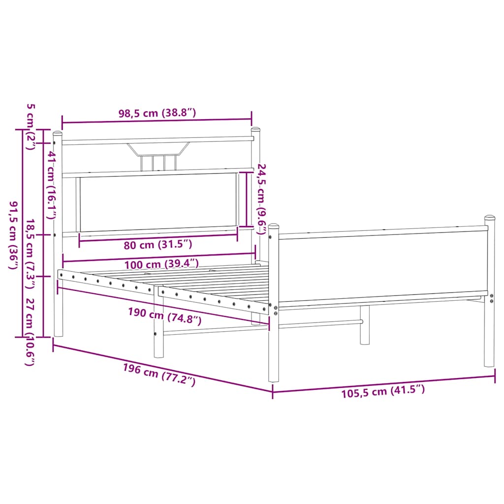 vidaXL Bed Frame without Mattress Brown Oak 100x190 cm Engineered Wood