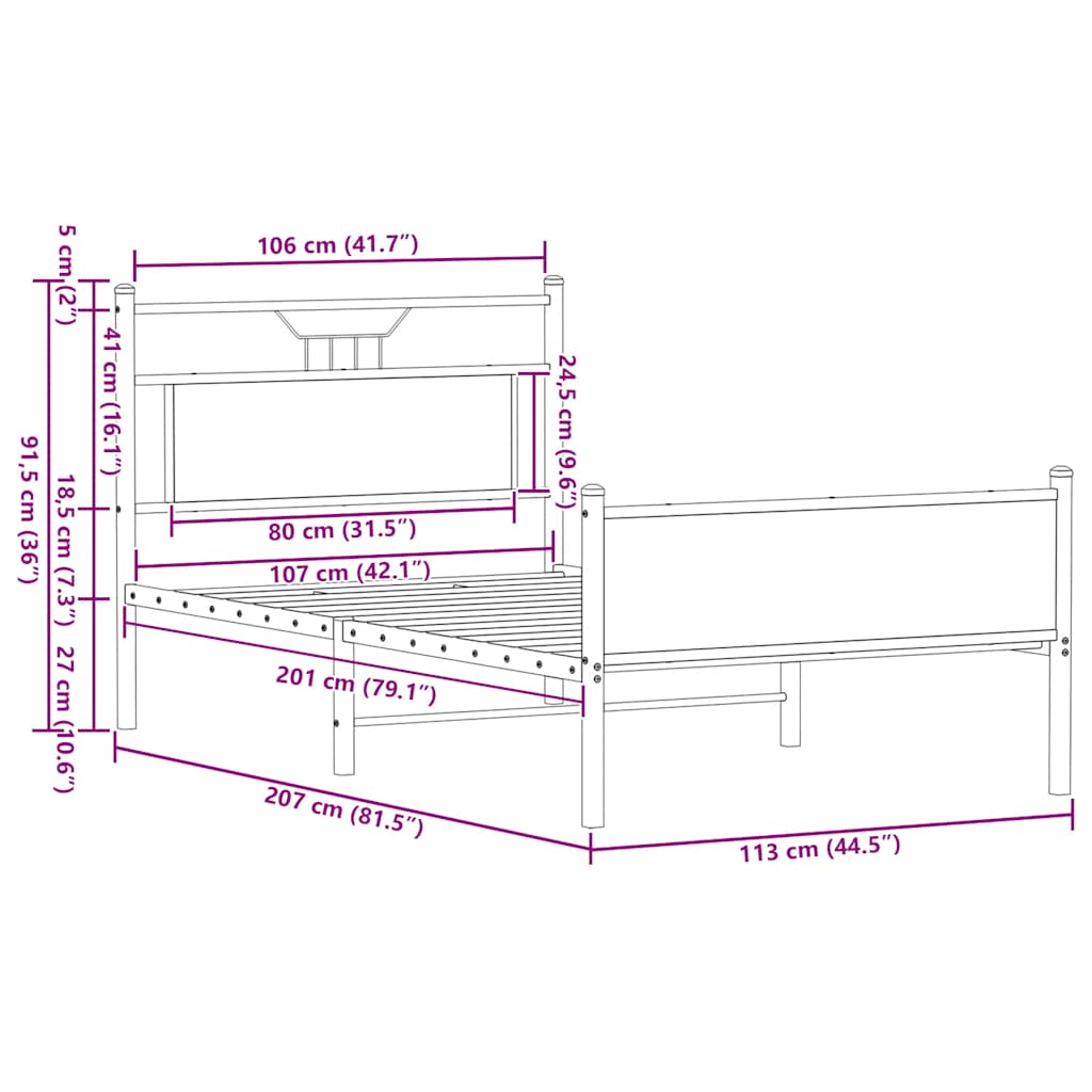 vidaXL Bed Frame without Mattress Brown Oak 107x203 cm Engineered Wood