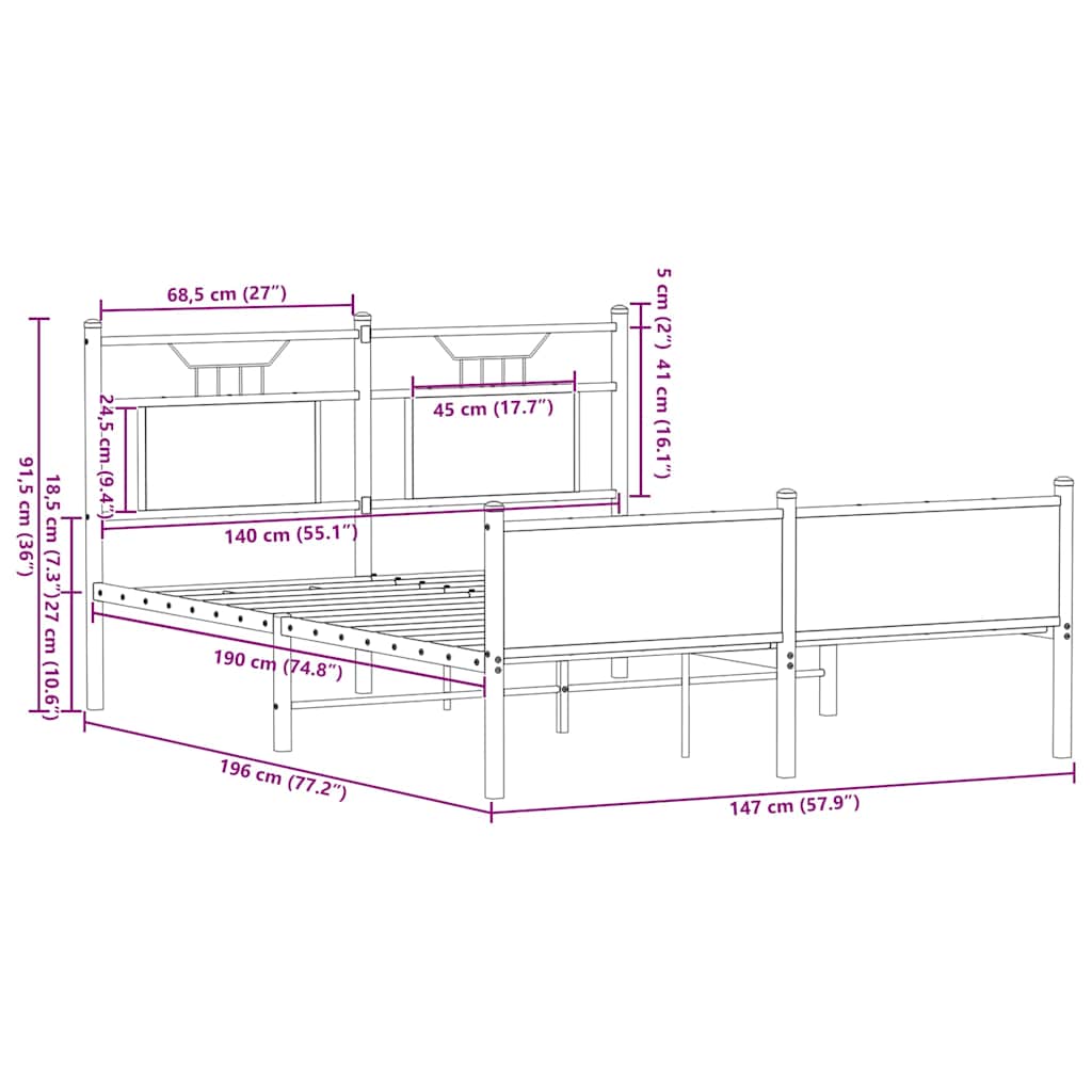 vidaXL Bed Frame without Mattress Brown Oak 140x190 cm Engineered Wood