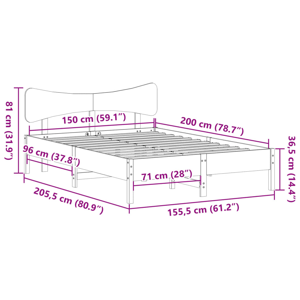 vidaXL Bed Frame without Mattress White 150x200 cm King Size Solid Wood Pine