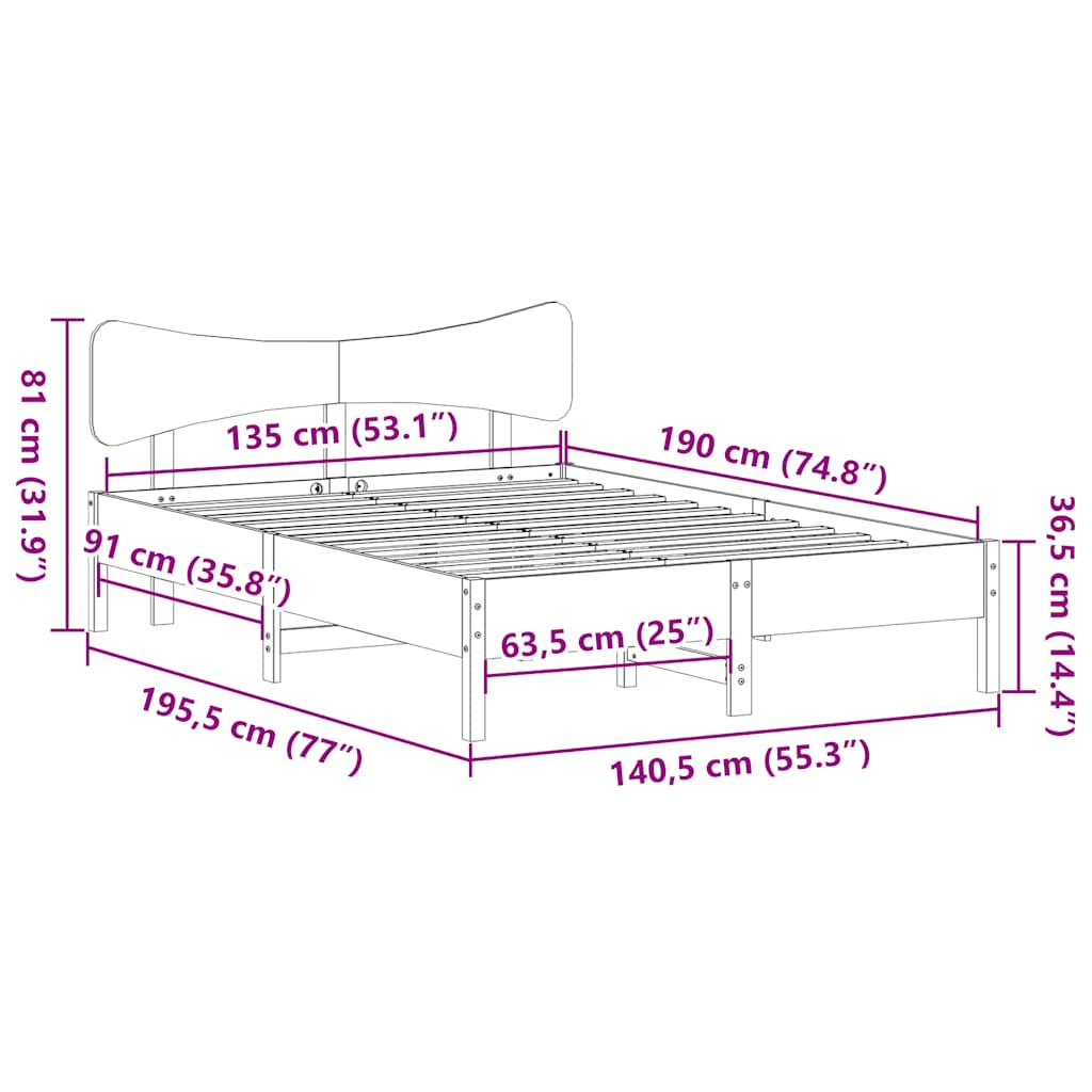 vidaXL Bed Frame without Mattress Wax Brown 135x190 cm Double Solid Wood Pine