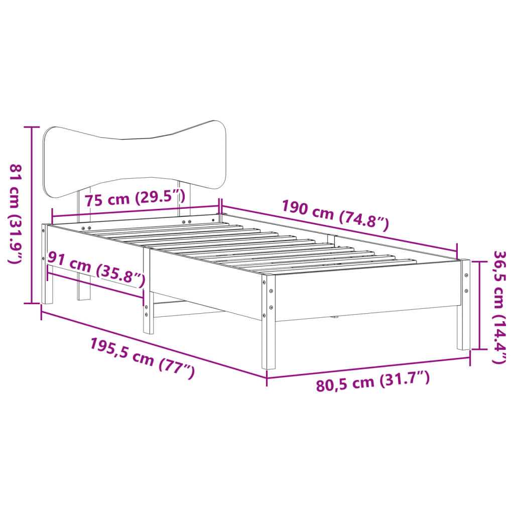 vidaXL Bed Frame without Mattress Wax Brown 75x190 cm Small Single Solid Wood Pine