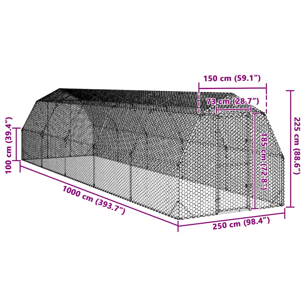vidaXL Chicken Run 2,5x10x2,25 m Galvanised Steel