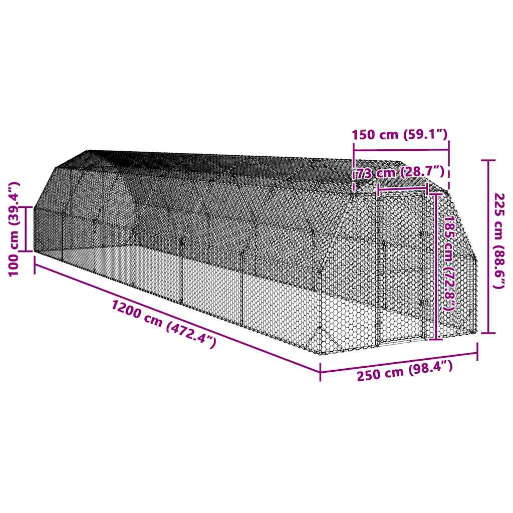 vidaXL Chicken Run 2,5x12x2,25 m Galvanised Steel