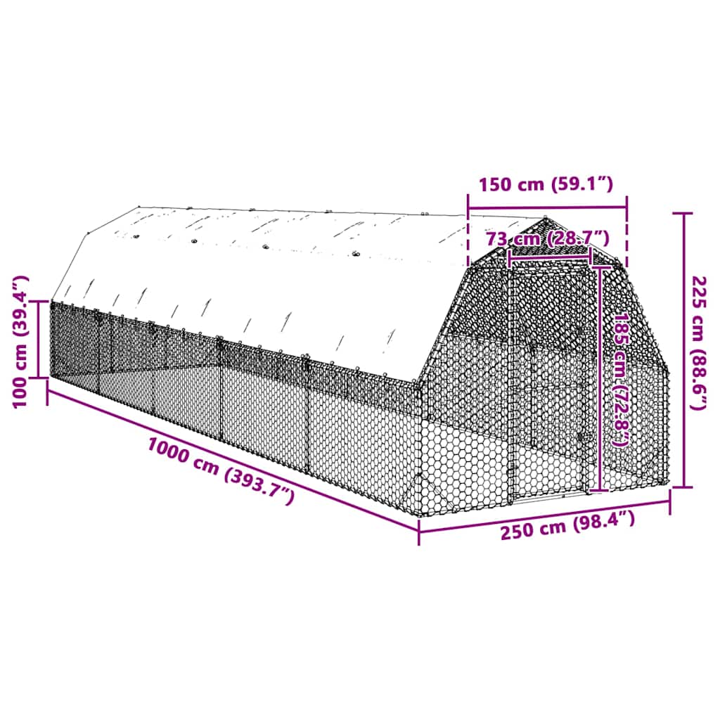 vidaXL Chicken Run with Roof 2,5x10x2,25 m Galvanised Steel