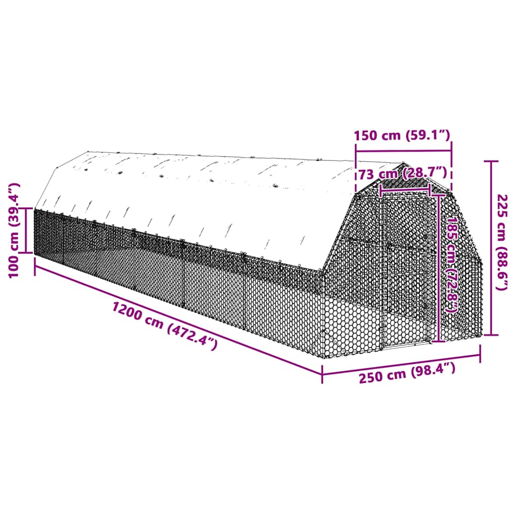 vidaXL Chicken Run with Roof 2,5x12x2,25 m Galvanised Steel