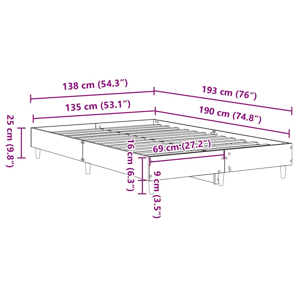 vidaXL Bed Frame No Mattress Grey Sonoma 135x190 cm Engineered Wood
