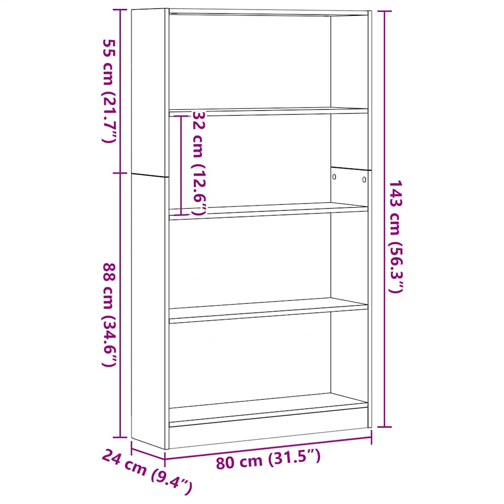 vidaXL 4-Tier Bookcase Black Oak 80x24x143 cm Engineered Wood