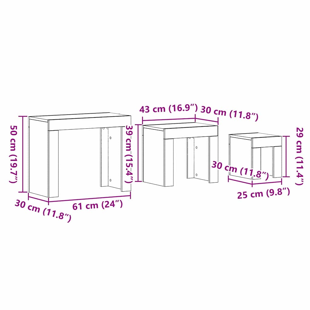vidaXL Nesting Tables 3 pcs Black Oak 61 x 30 x 50 cm Engineered Wood