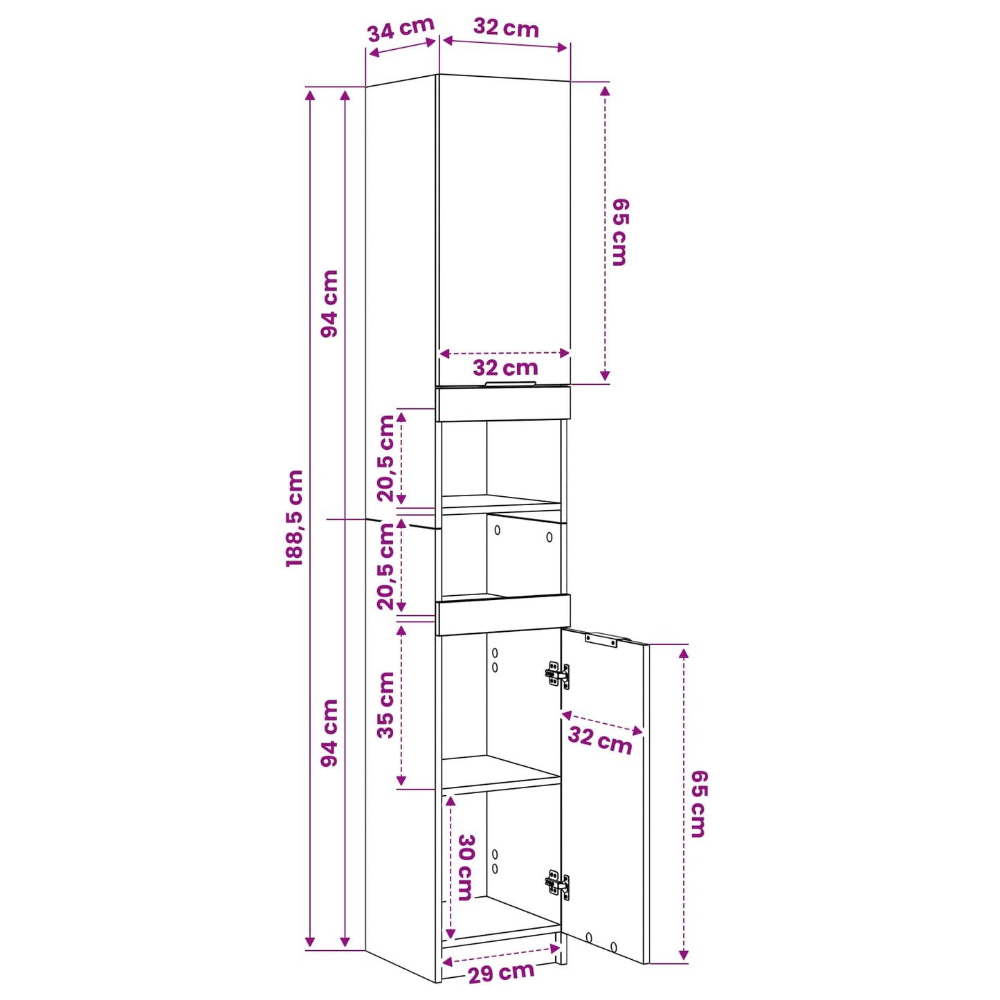 vidaXL Bathroom Cabinet Black oak 32 x 34 x 188.5 cm Engineered Wood