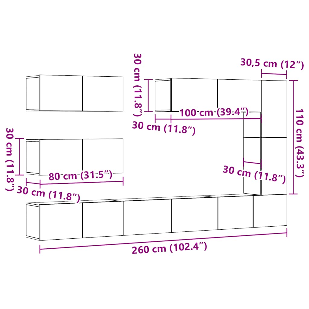 vidaXL 7 Piece TV Cabinet Set Wall-mounted Artisan Oak Engineered Wood
