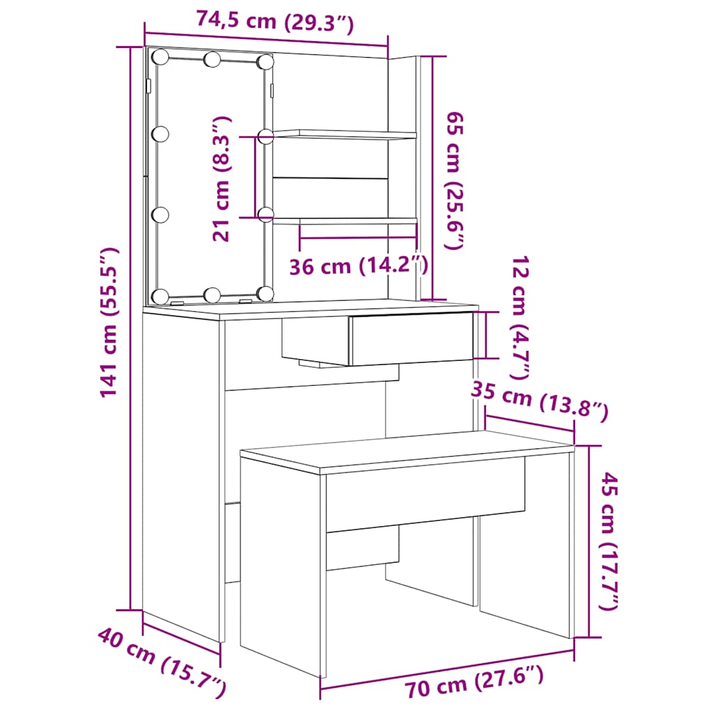 vidaXL Dressing Table Set with LED Artisan Oak Engineered Wood