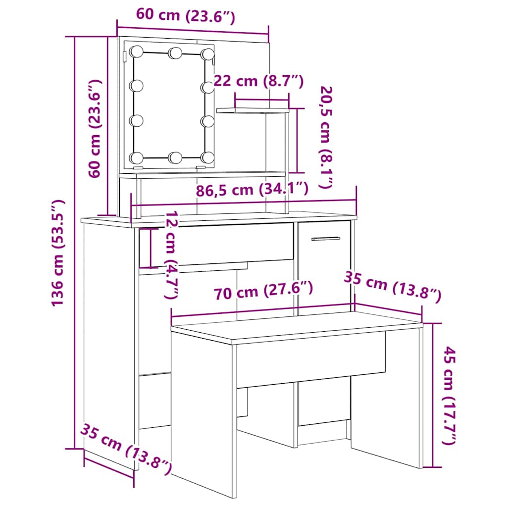 vidaXL Dressing Table Set with LED Old Wood Engineered Wood