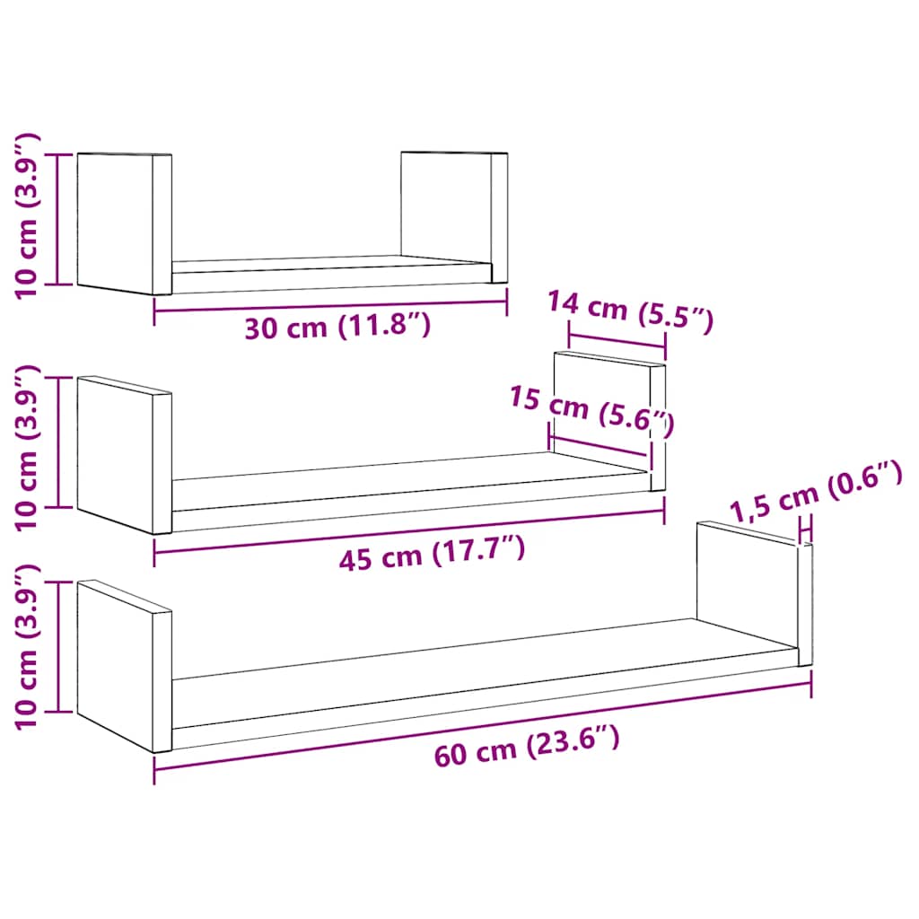 vidaXL Wall Shelves 3 pcs Black Oak Engineered Wood