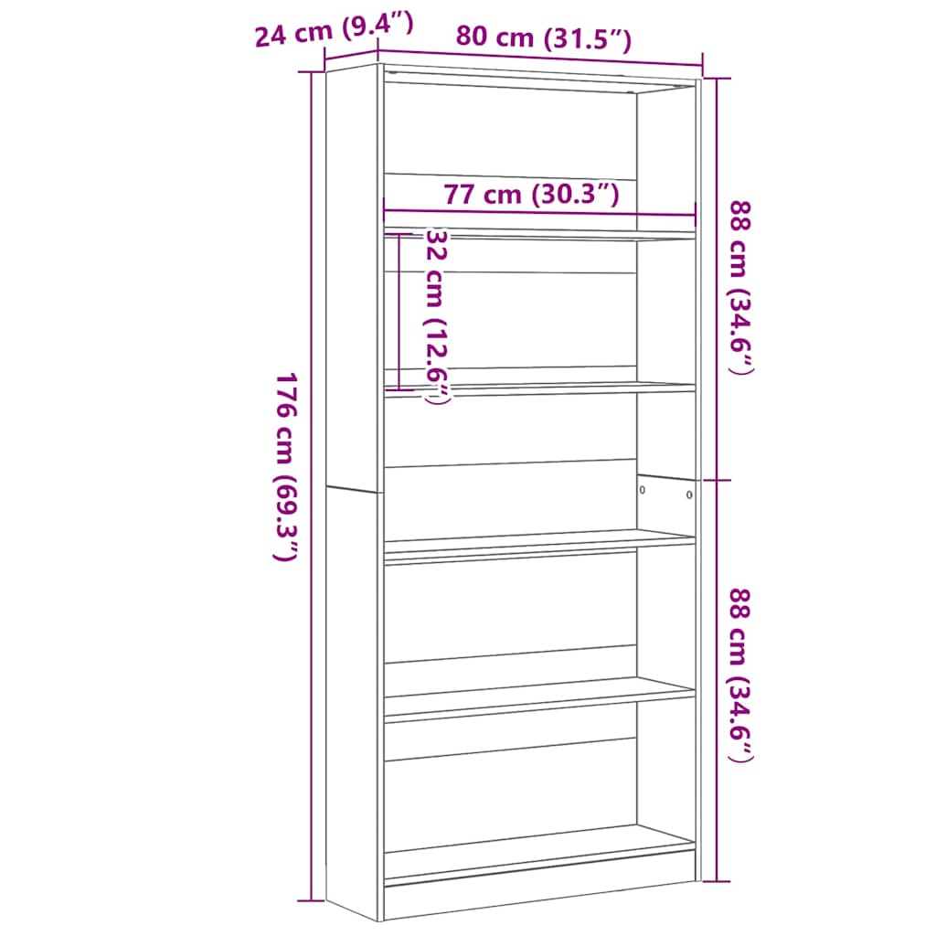 vidaXL Bookcase Black Oak 80x24x176 cm Engineered Wood
