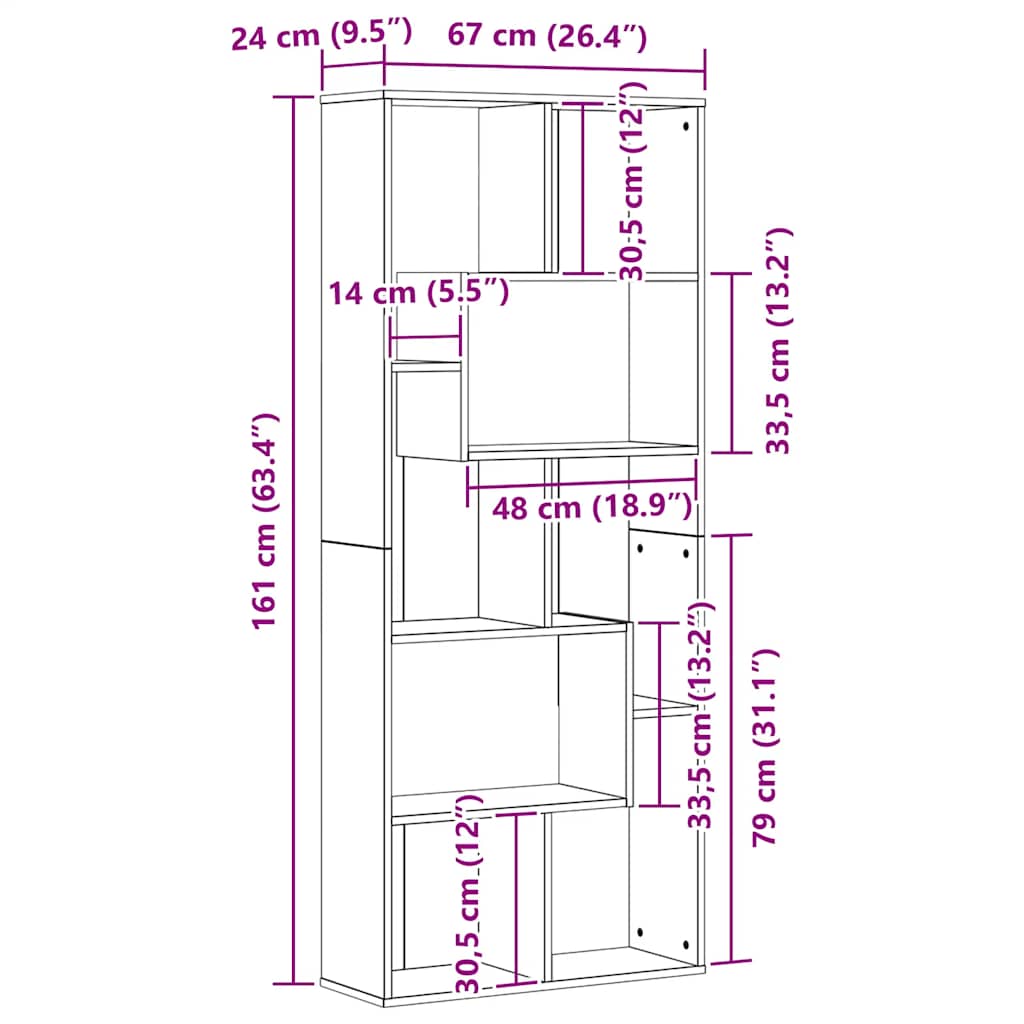 vidaXL Bookcase Black Oak 67x24x161 cm Engineered Wood