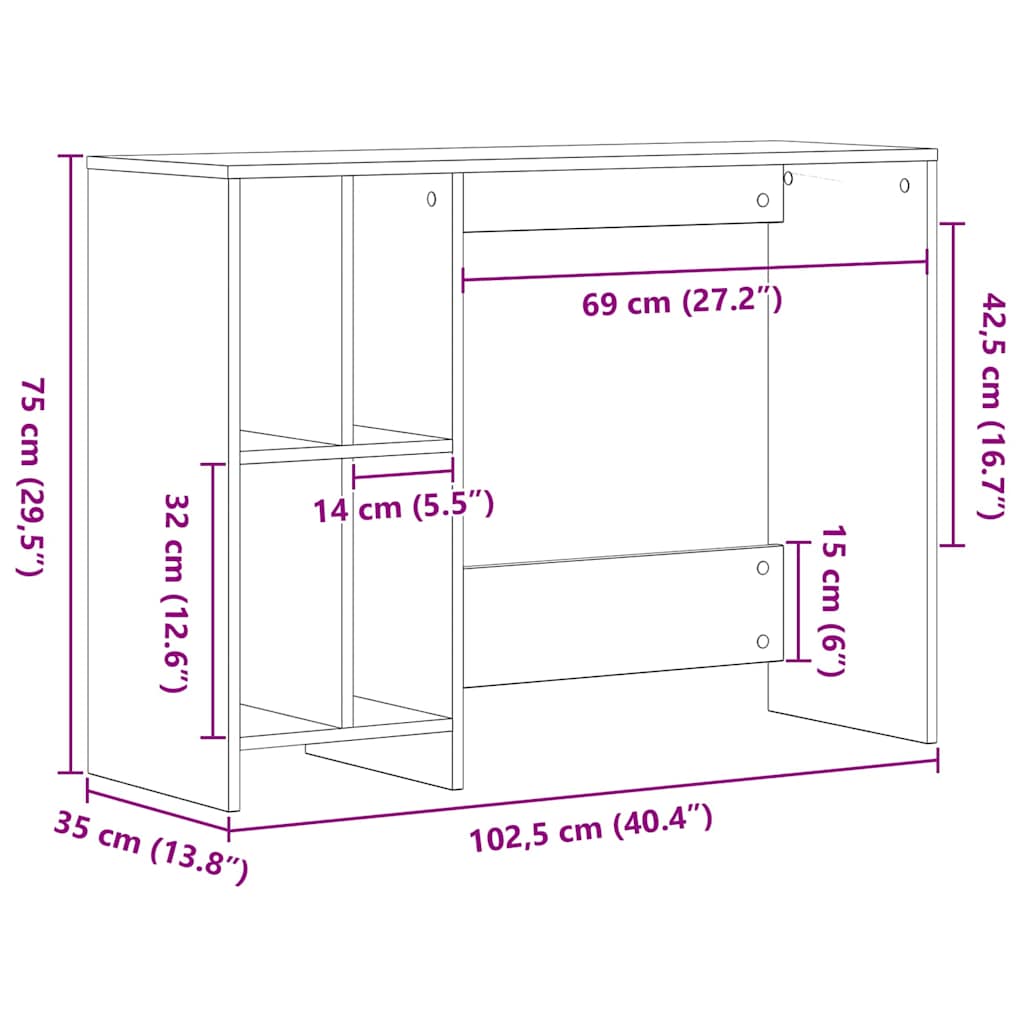 vidaXL Desk Black Oak Engineered Wood 102.5 x 35 x 75 cm