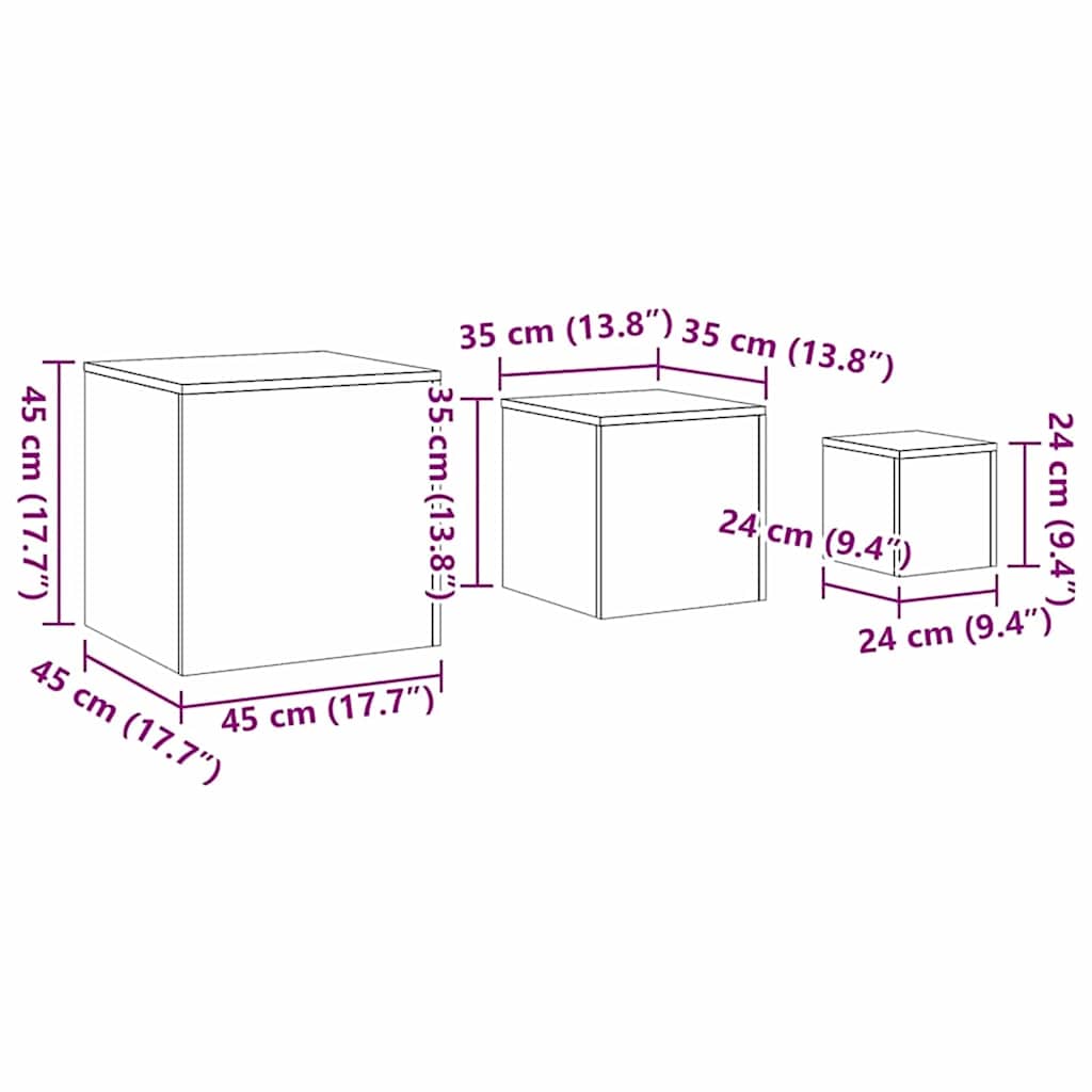 vidaXL Nesting Table 3 pcs Black Oak 45 x 45 x 45 cm Engineered Wood
