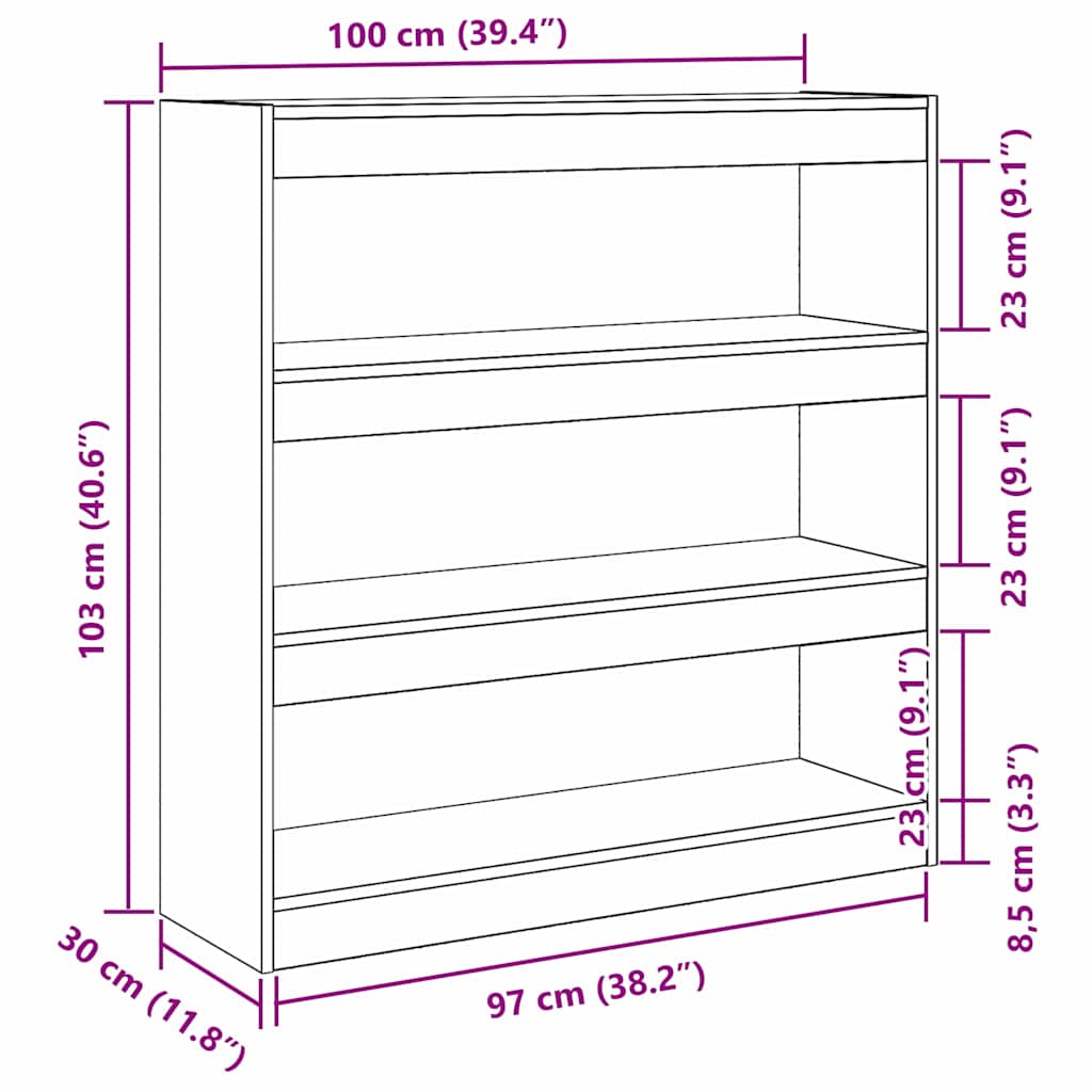 vidaXL Book Cabinet 3-Tier 100 x 30 x 103 cm Engineered Wood
