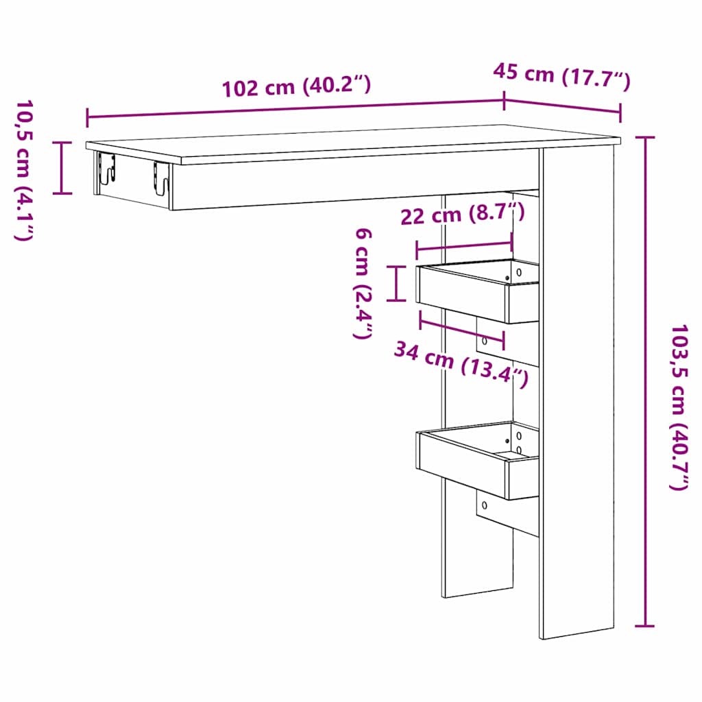 vidaXL Wall Bar Table 102 x 45 x 103.5 cm Engineered Wood Black Oak