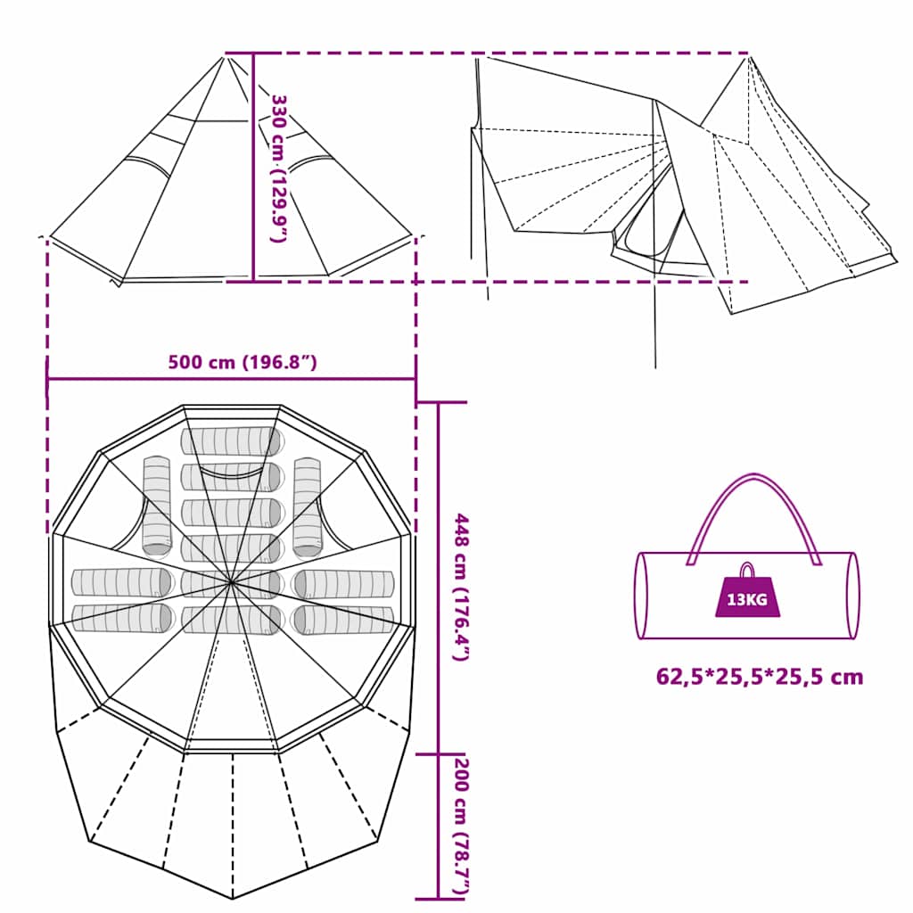 vidaXL Tipi Tent with Roof Grey and Orange 510 x 690 x 330 cm Taffeta