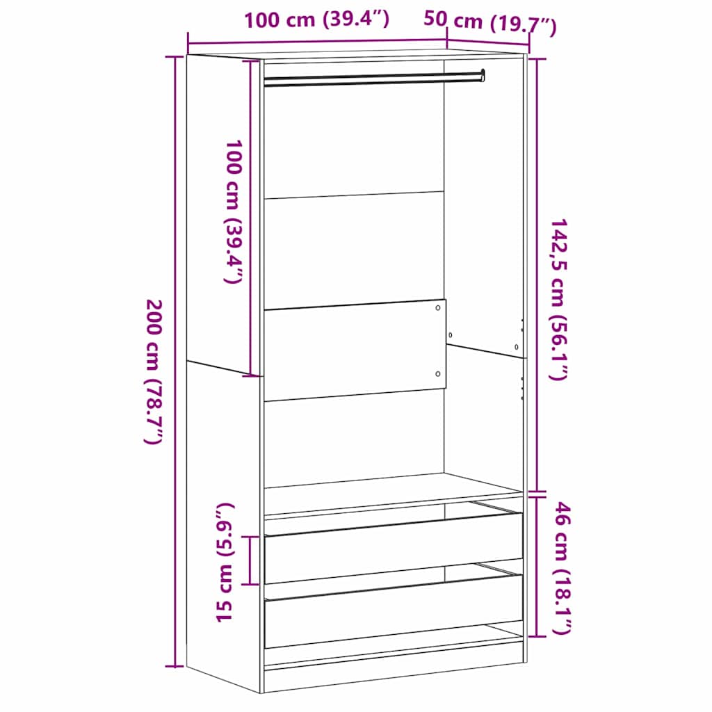 vidaXL Wardrobe Black Oak 100 x 50 x 200 cm Engineered Wood