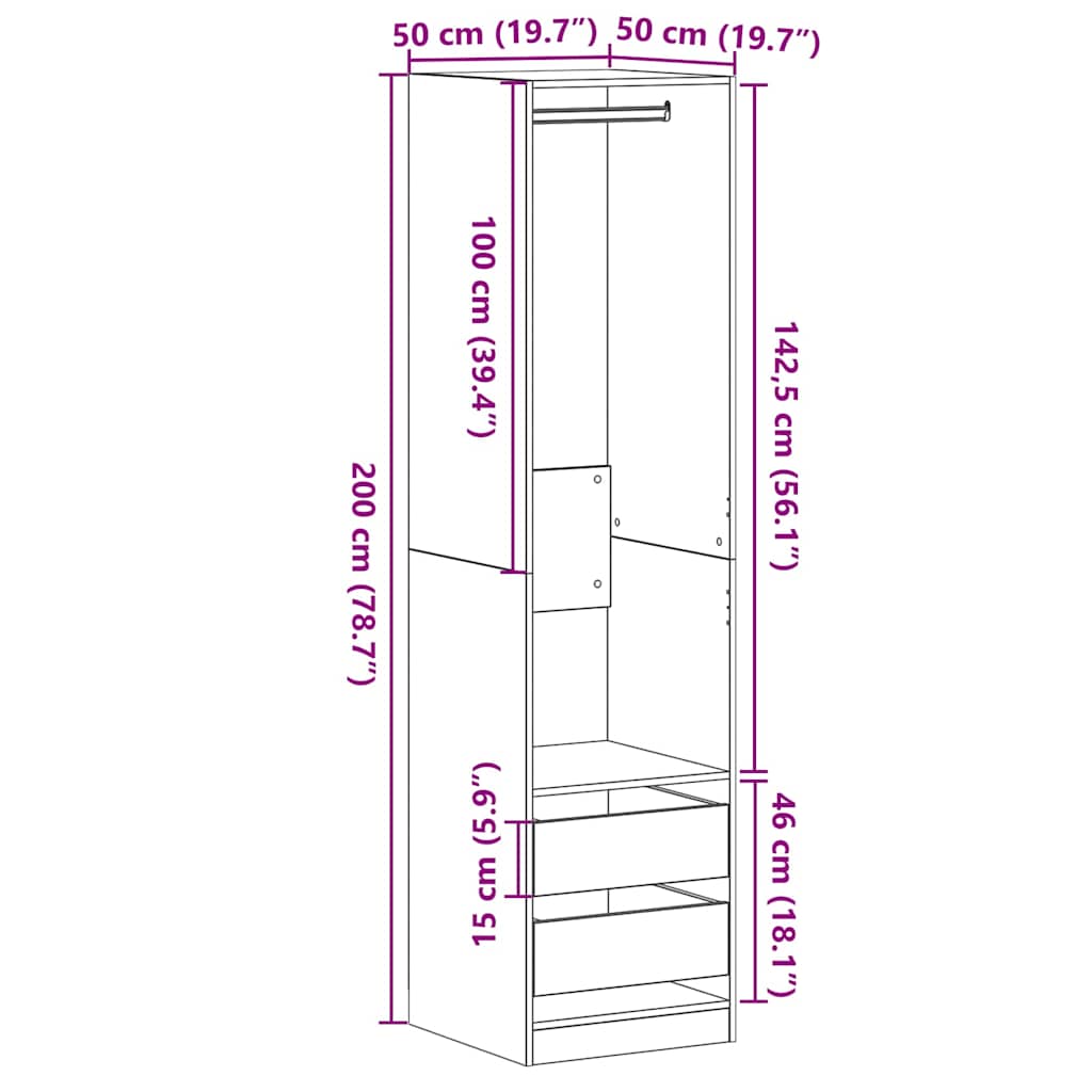 vidaXL Wardrobe Black Oak 50 x 50 x 200 cm Engineered Wood