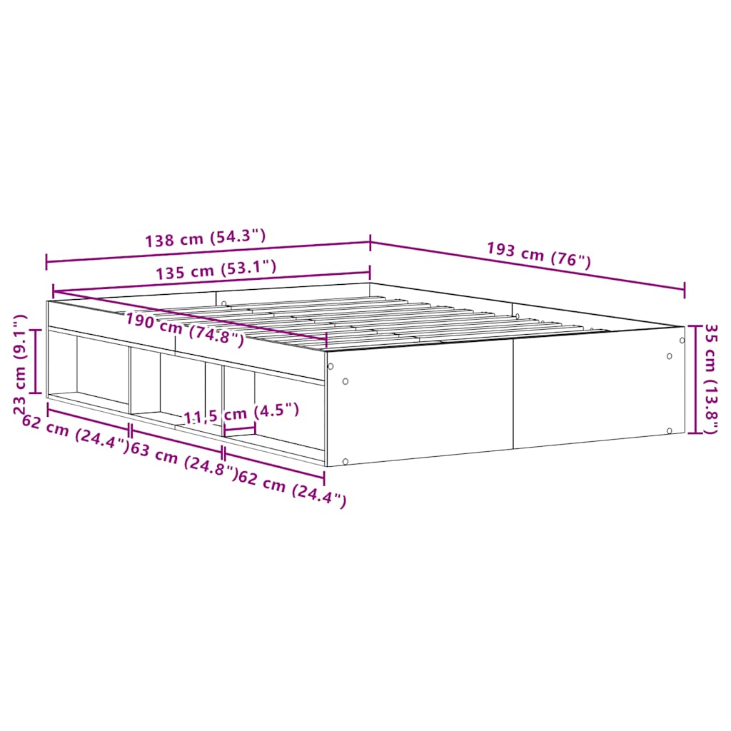 vidaXL Bed Frame without Mattress Artisan Oak 135x190 cm Engineered Wood