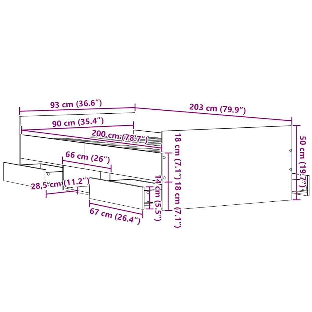 vidaXL Bed Frame Black Oak 203 x 93 x 50 cm Engineered Wood