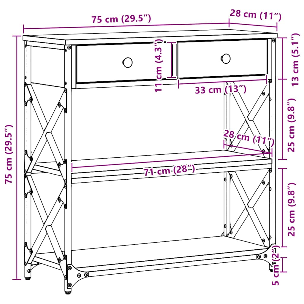 vidaXL Console Table Artisan oak 75 x 28 x 75 cm