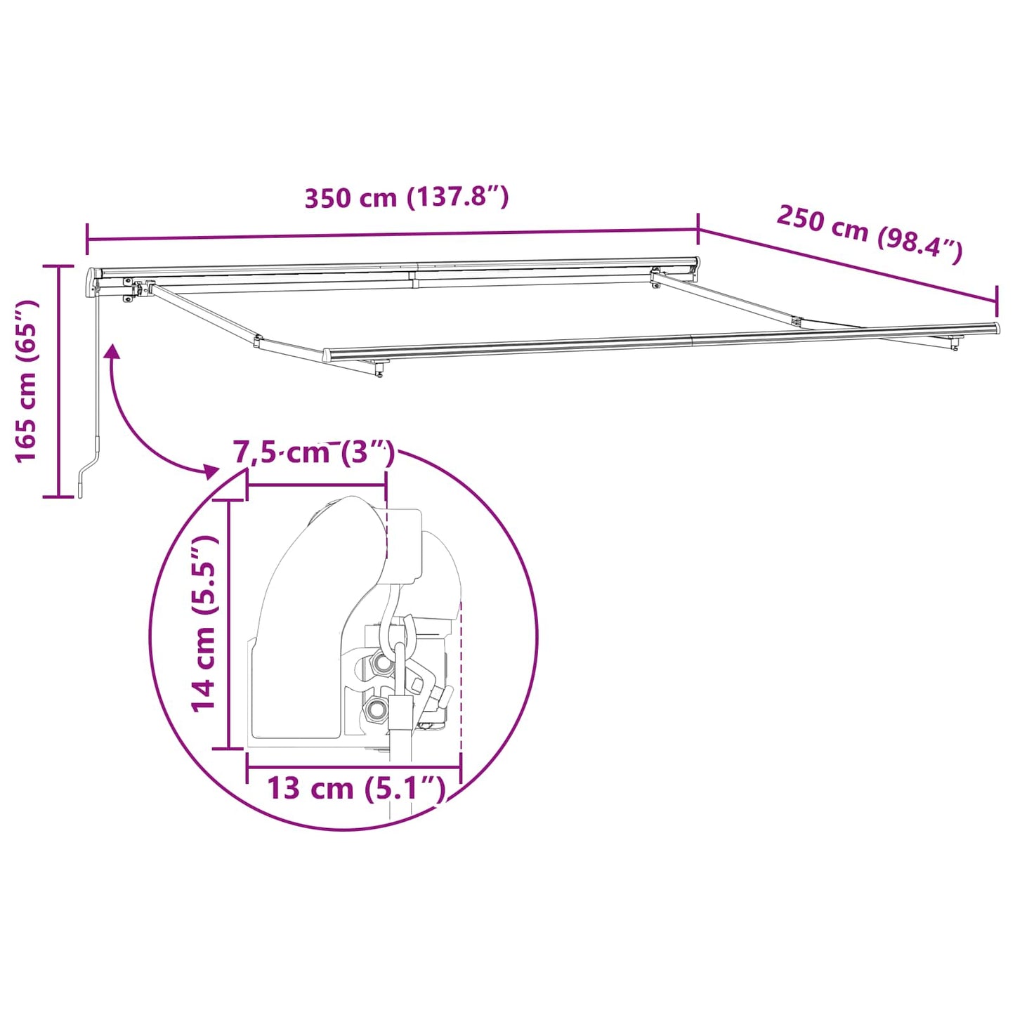 vidaXL Retractable Awning Black 350 x 250 cm Polyester and Aluminium