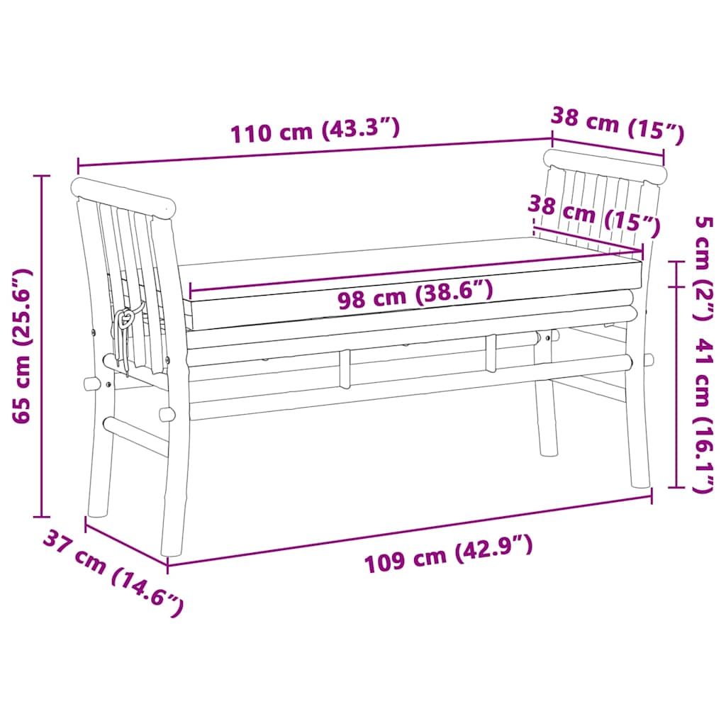 vidaXL Garden Bench with Cushion Brown 110 x 38 x 65cm Bamboo