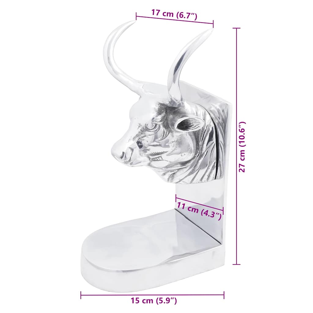 vidaXL Bookends 2 pcs Silver 17x15x27 cm Aluminium Bull