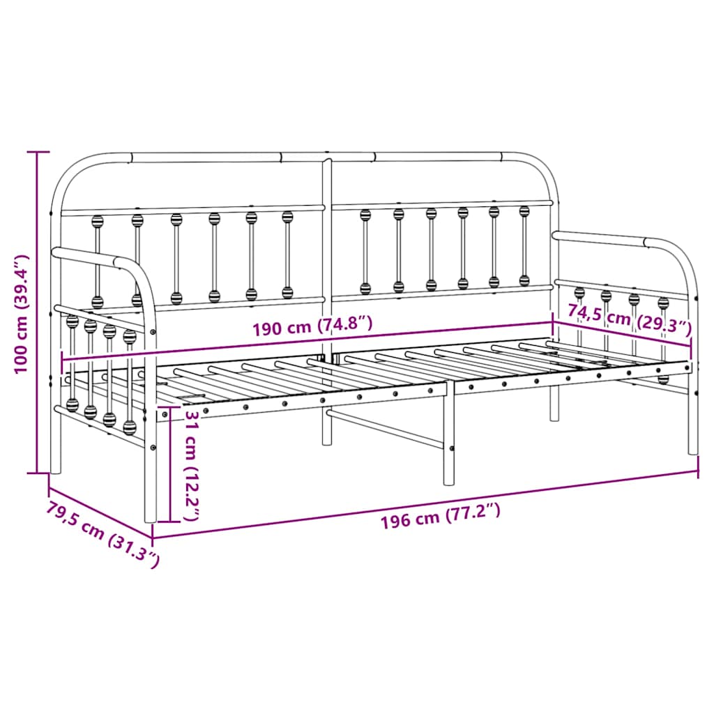 vidaXL Daybed Frame White 75 x 190 cm Powder-Coated Steel