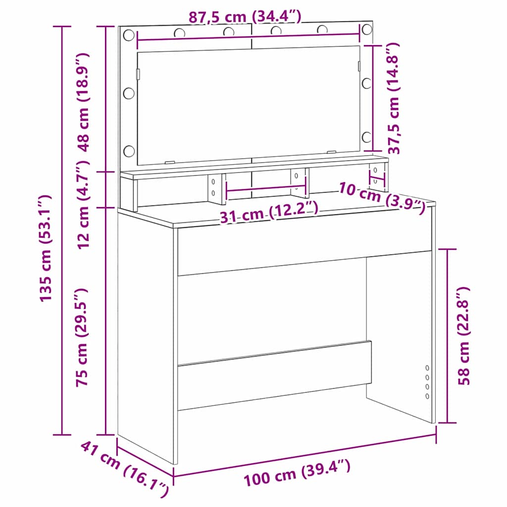 vidaXL Dressing Table Old Wood 100 x 41 x 135 cm Engineered Wood