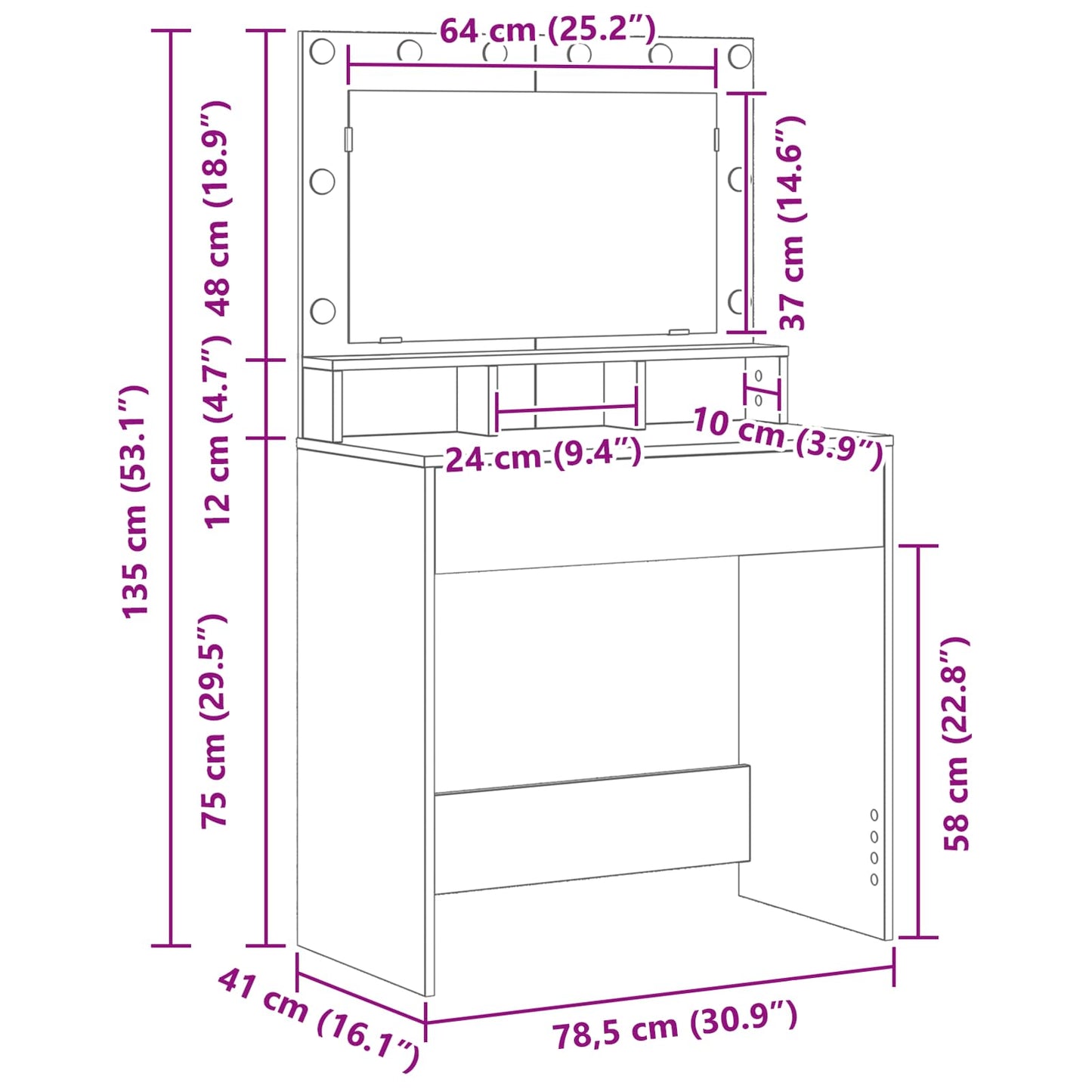 vidaXL Dressing Table Concrete Grey 78.5 x 41 x 135 cm Engineered Wood