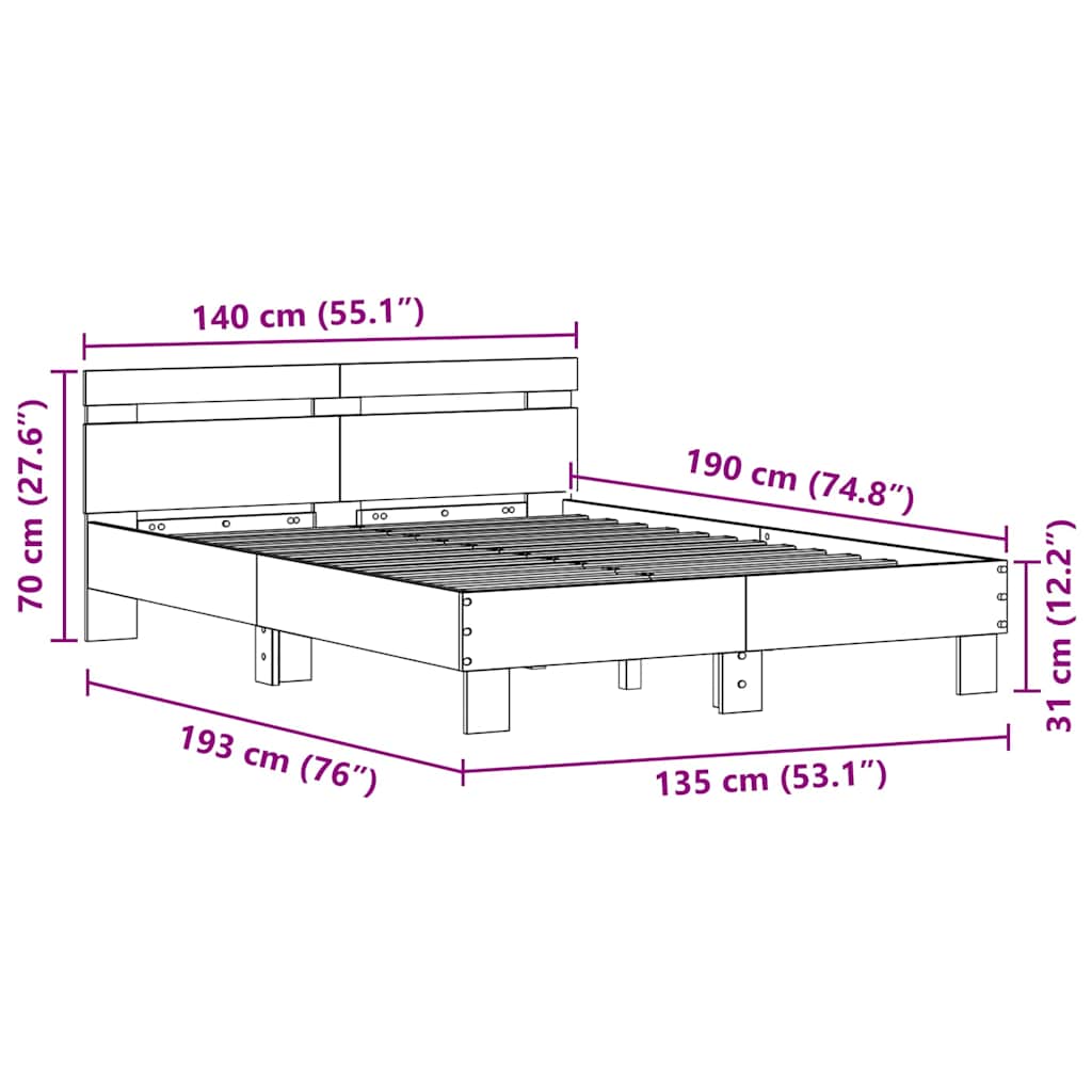 vidaXL Bed Frame with LED Black Oak 135 x 190 cm Engineered Wood